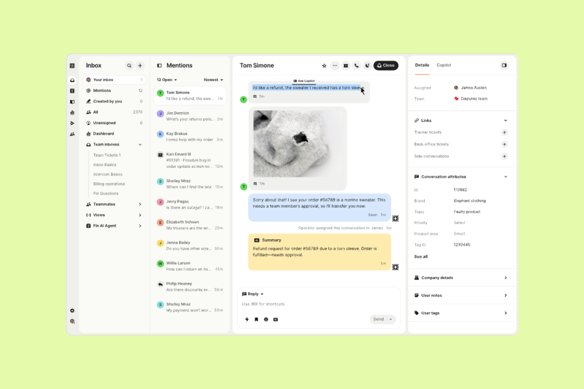 Intercom interface shows an inbox with messages, including one about a torn sweater, alongside related product and order details.
