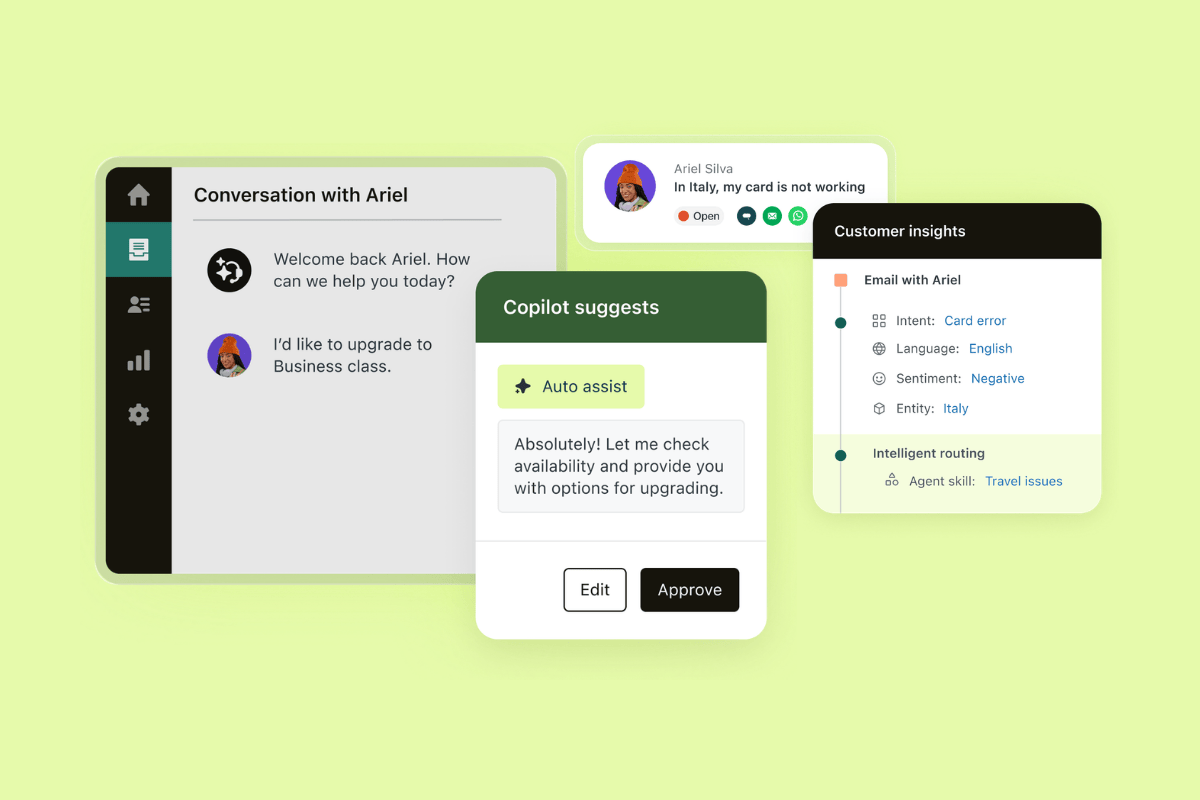 Zendesk dashboard showing a customer chat, AI suggestions, and insights. Features include conversation with Ariel about upgrading, and AI auto-assist tools.
