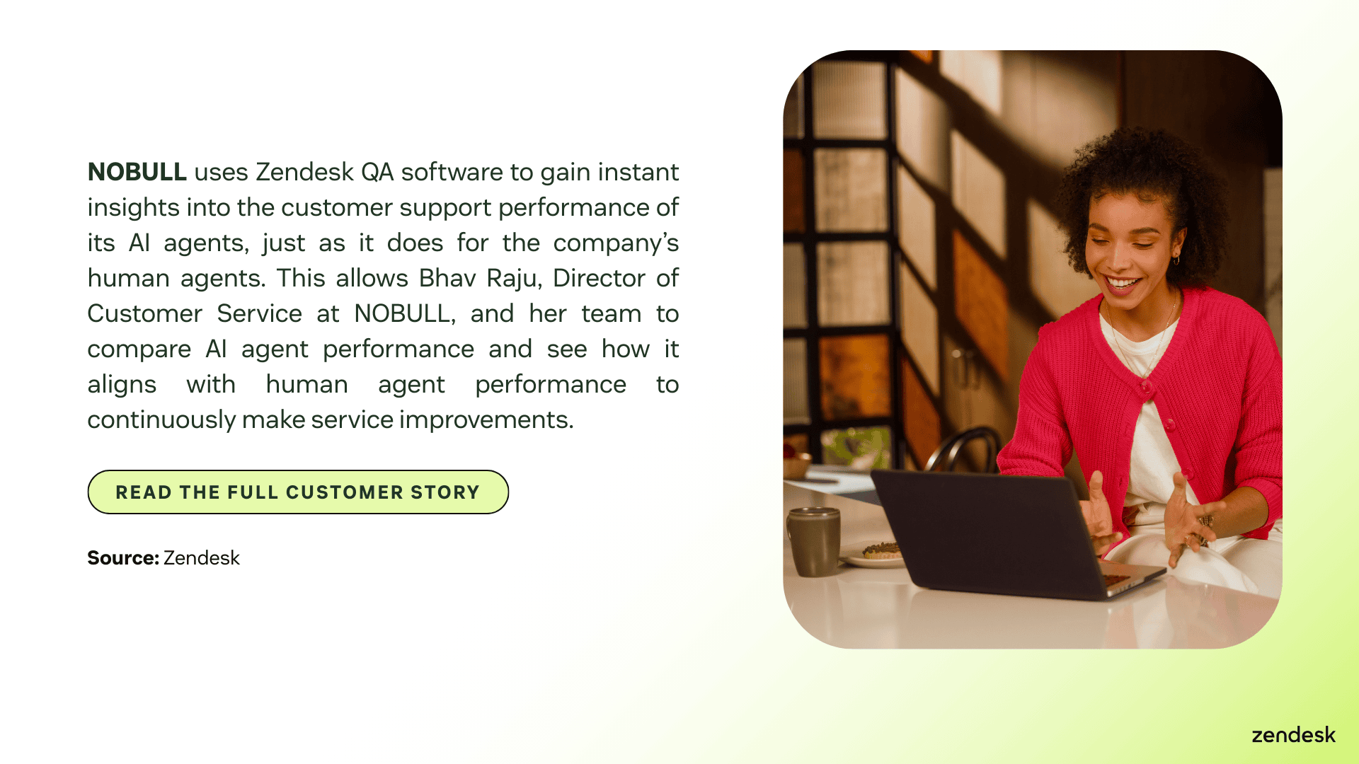 A woman smiles while using the computer, next to a text about NOBULL's Zendesk customer success story.