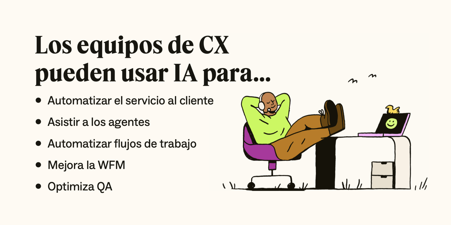 Una lista con viñetas bala detalla algunos casos de uso de inteligencia artificial para equipos de CX.
