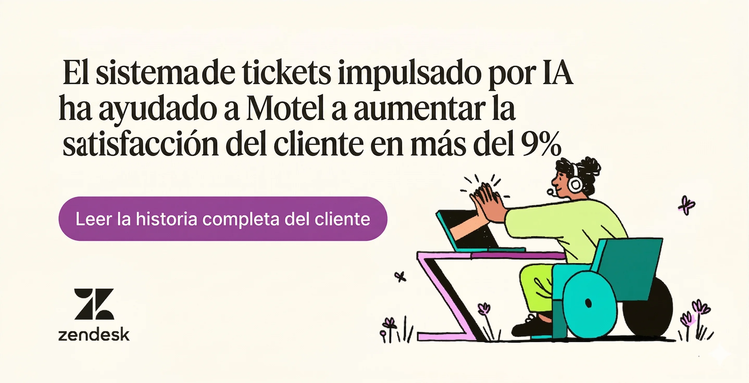 Una persona en silla de ruedas color verde azulado chocando los cinco con una mano que sale de una laptop sobre un escritorio morado junto a una historia de cliente.