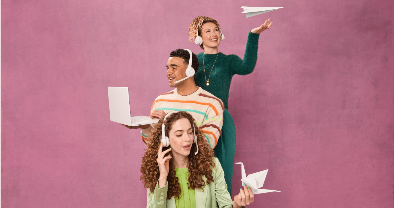 A customer service agent standing among many paper airplanes. 