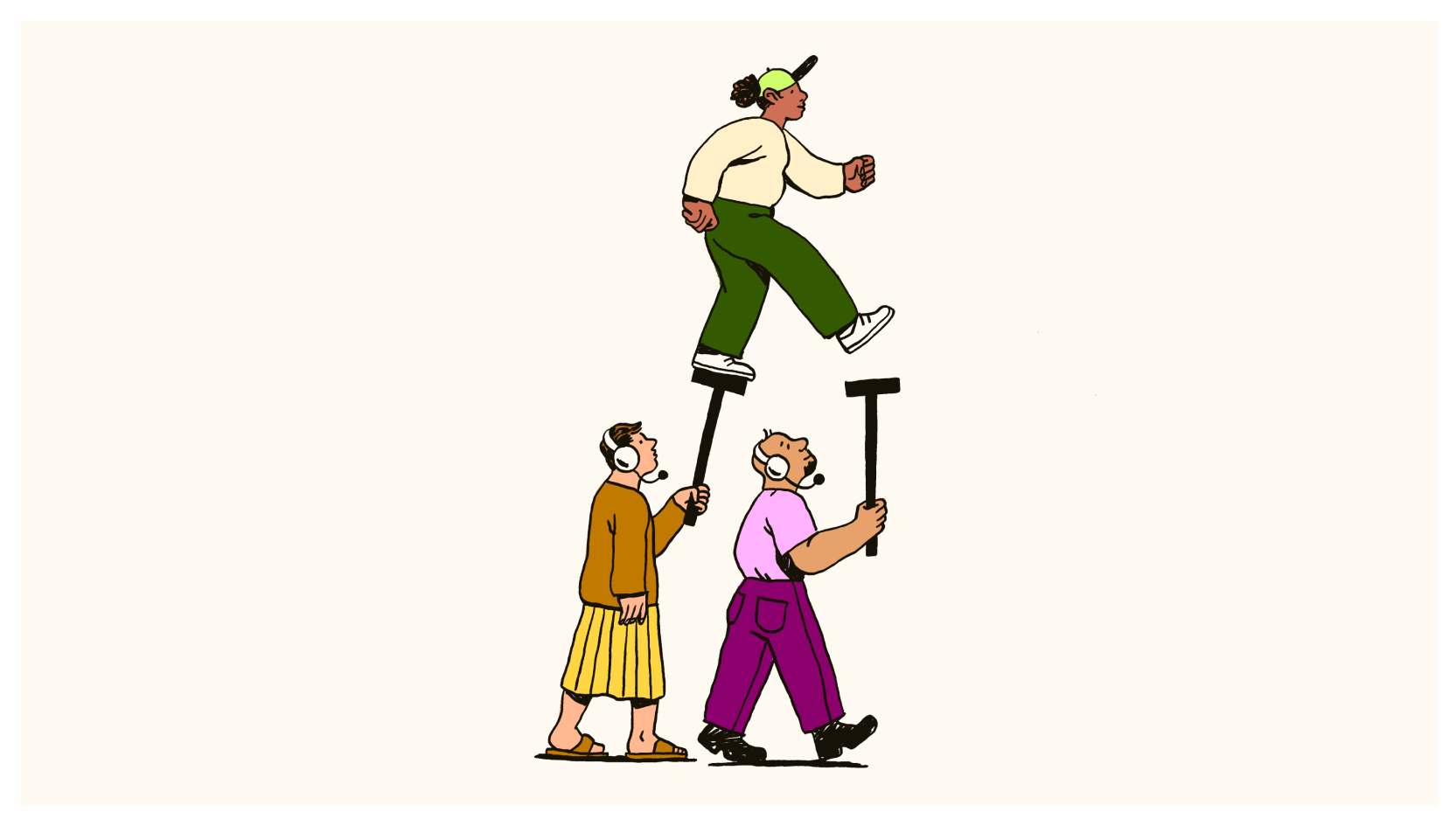 A person walking on stilts held by two people wearing headsets.