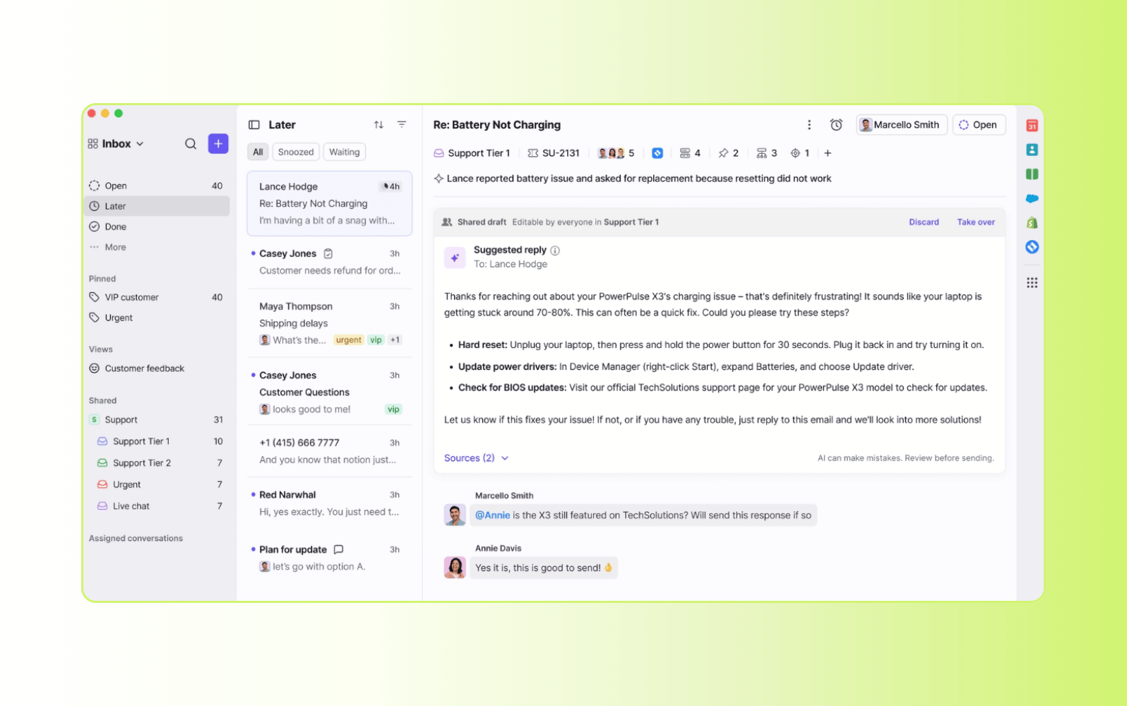 Screenshot of the Front resolution-focused AI customer service software.