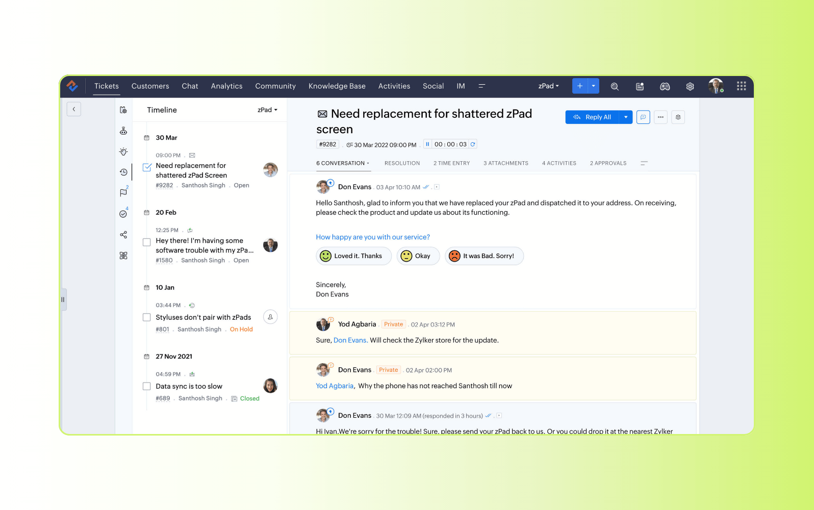 Screenshot of the Zoho Desk resolution-focused AI customer service software.