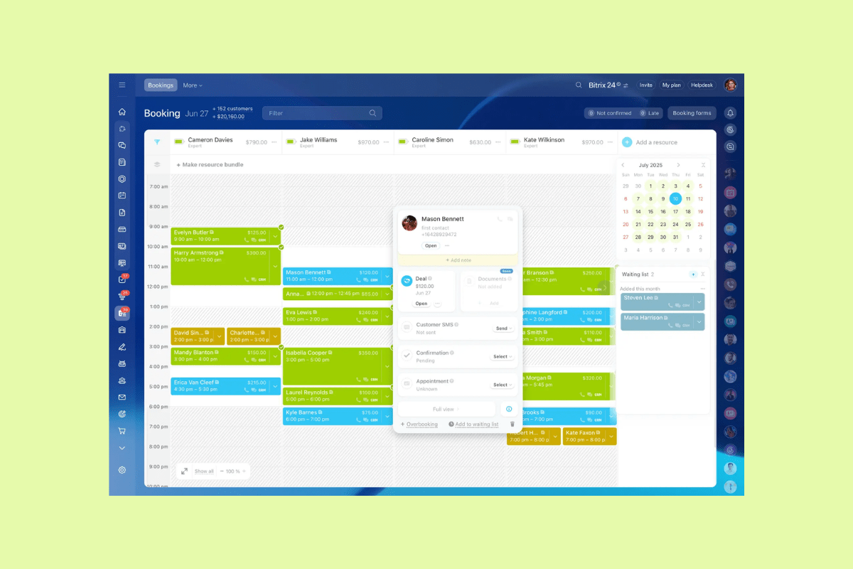 Bitrix24 booking calendar with color-coded appointments, customer details, and scheduling tools.