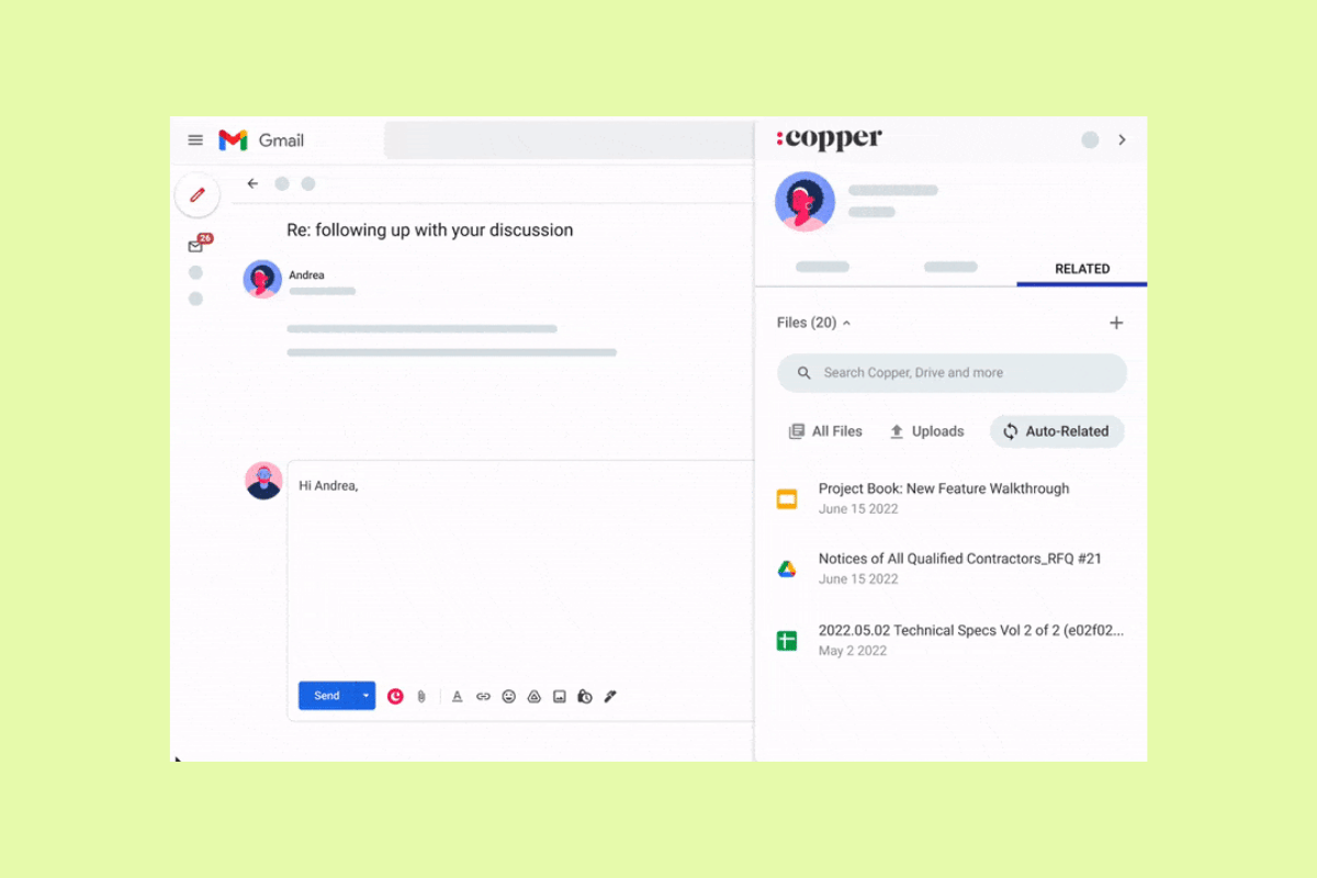 Gmail compose window with Copper CRM showing related files in a side panel.