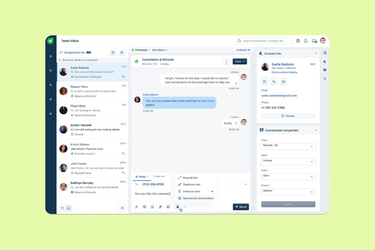 Freshworks team inbox showing a WhatsApp support conversation and customer details.