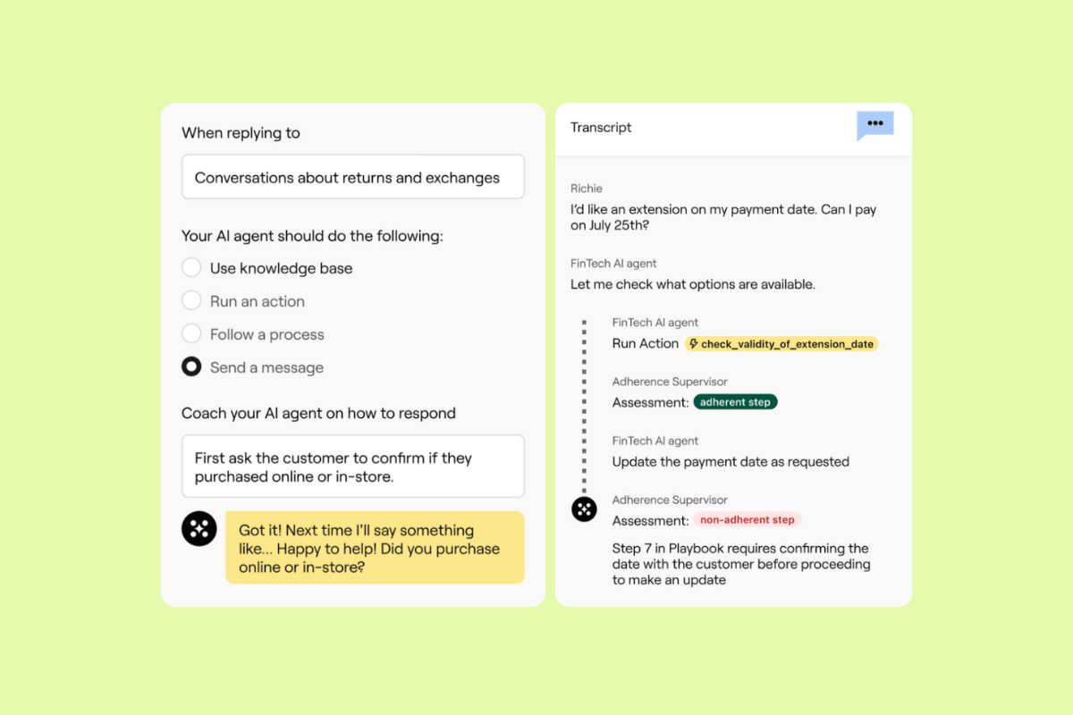 Gorgias AI agent coaching and transcript panels showing workflow guidance and compliance checks.