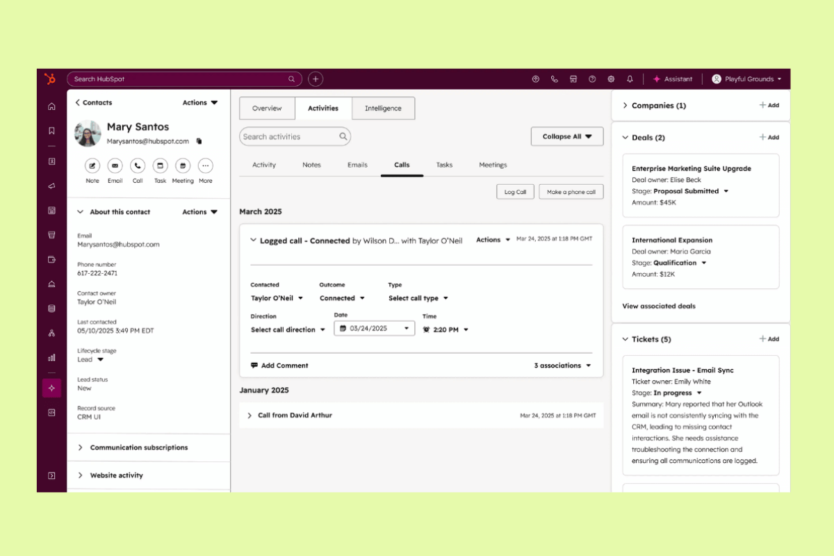 HubSpot contact record showing activities, deals, and support tickets.