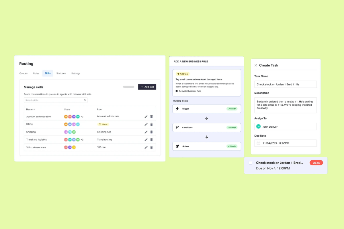Kustomer workflow screens for routing, business rules, and task creation.