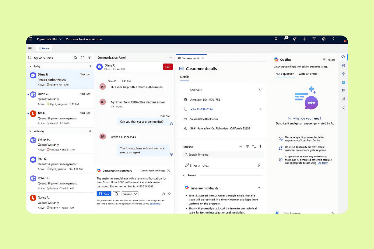 Microsoft Dynamics 365 customer service workspace with live chat, customer details, and Copilot.