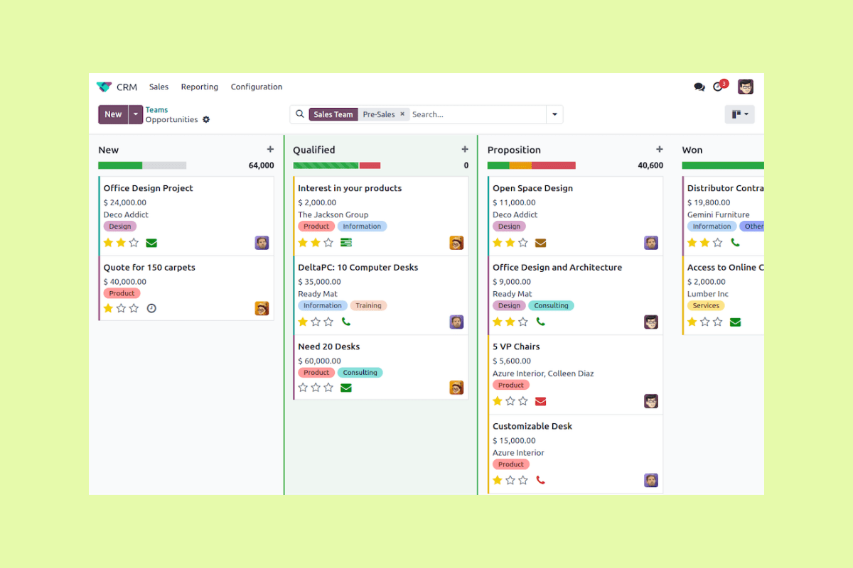 Odoo CRM kanban board with opportunities organized by sales stage.