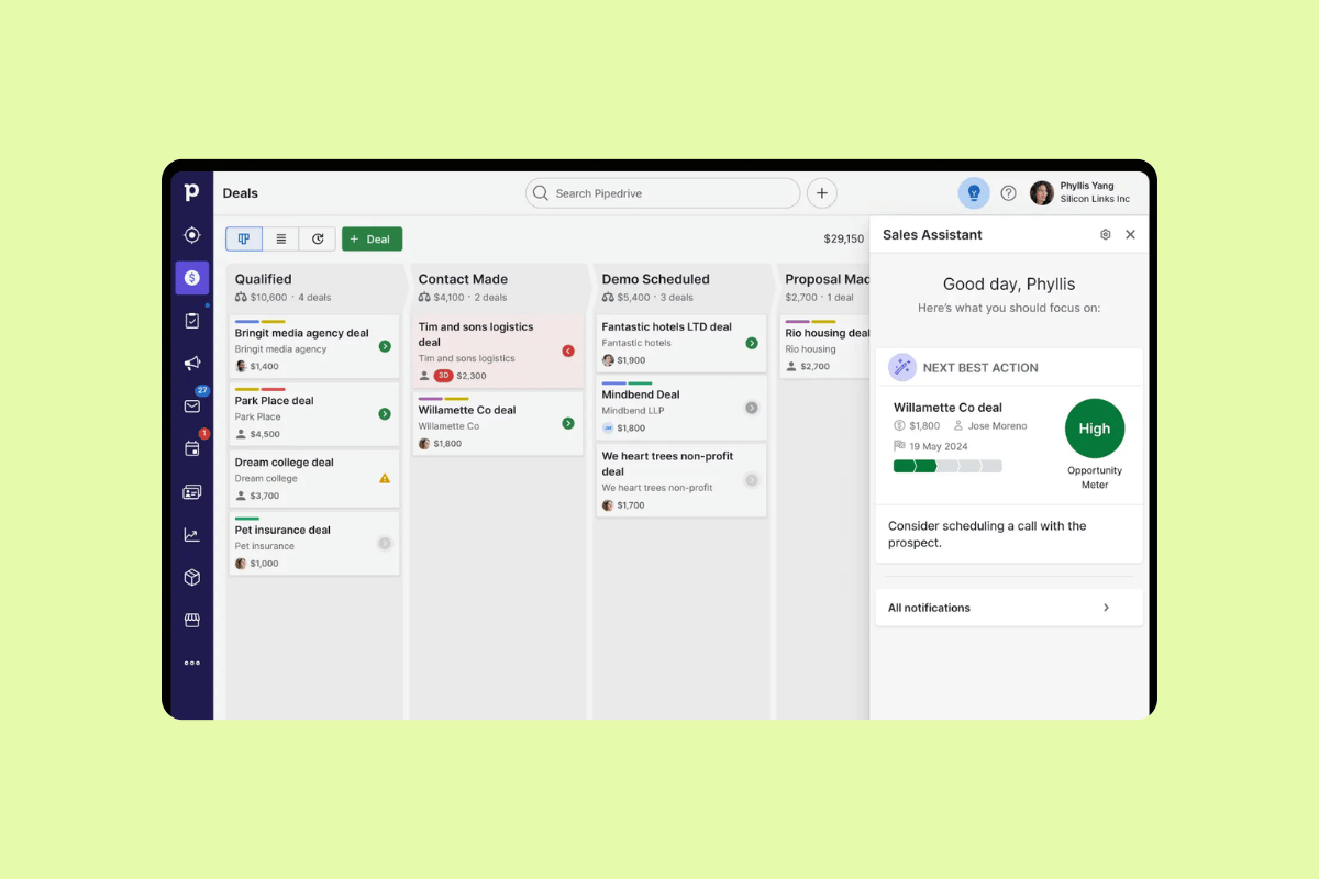 Pipedrive deal pipeline with sales stages and a recommended next action.