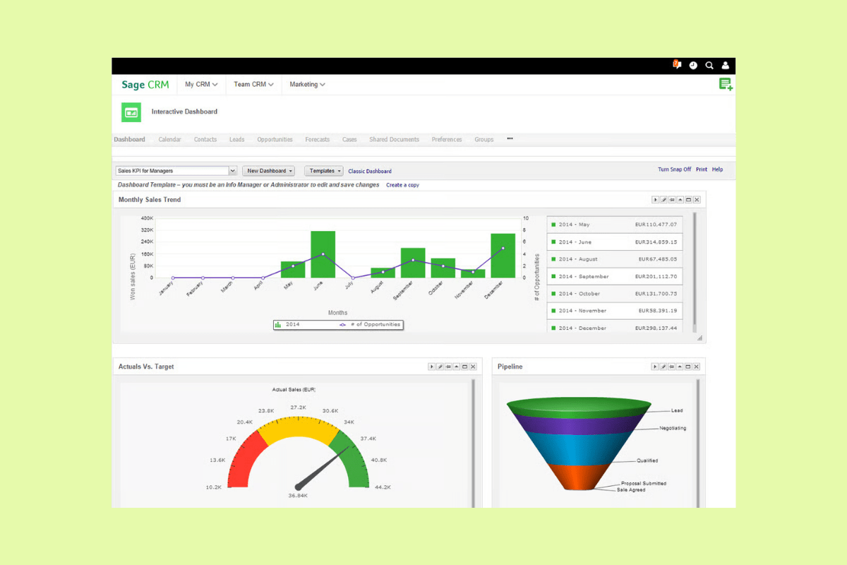 Sage CRM dashboard with sales trends, targets, and pipeline charts.