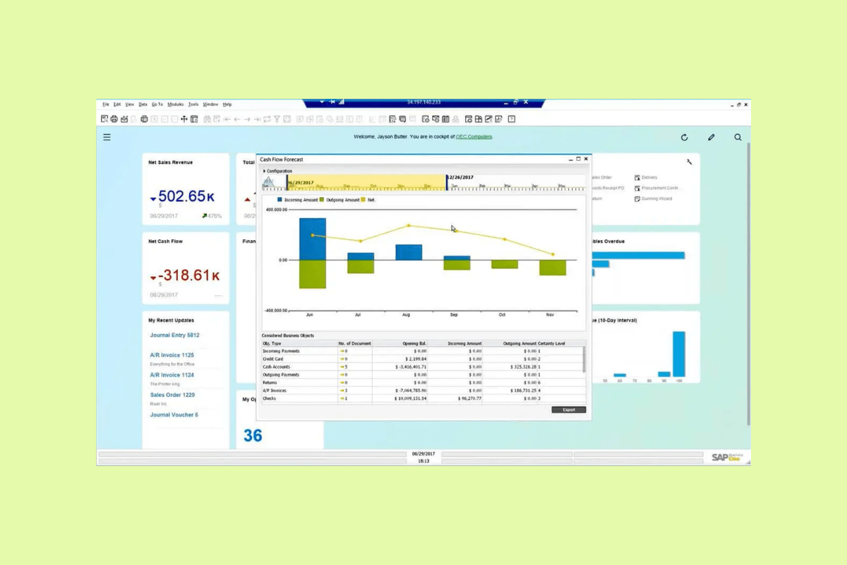 SAP dashboard with cash flow forecasts, sales figures, and financial charts.
