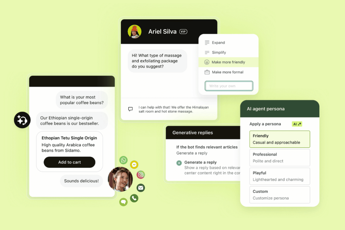 Zendesk interface collage showing generative replies, tone controls, and persona settings.