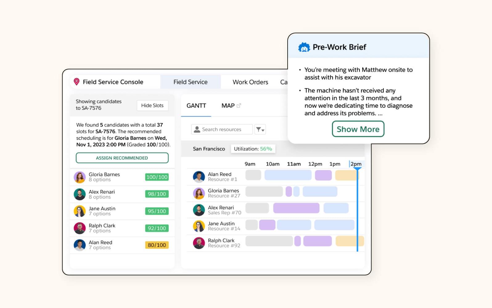 Salesforce Field Service software briefs a user before a remote meeting.