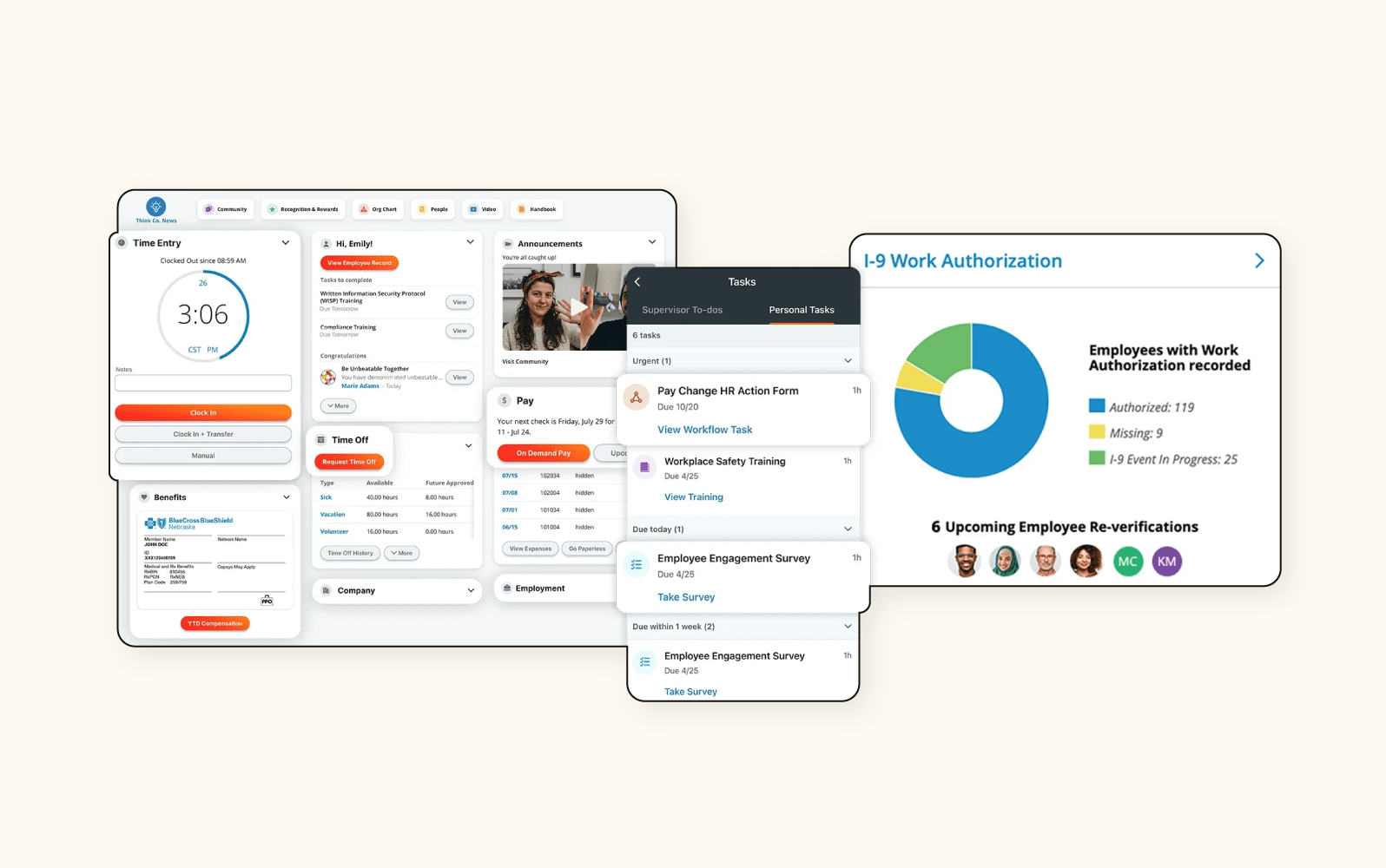 A screenshot collage of some Paylocity features, a workforce optimization software.