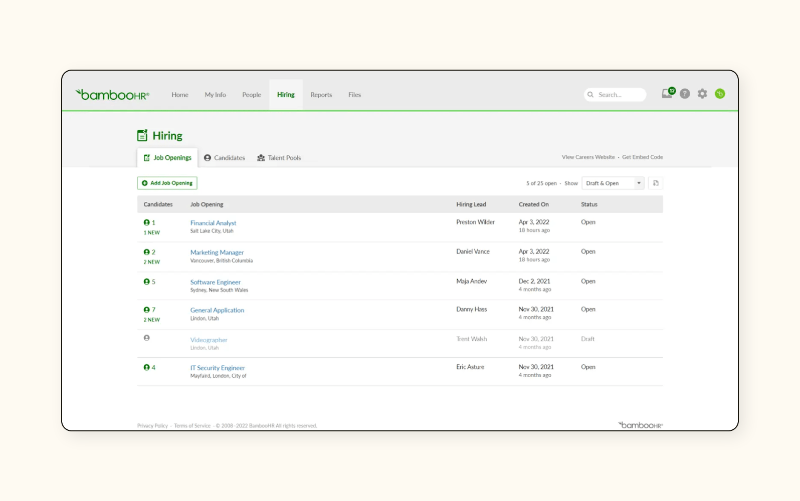A screenshot of Bamboo HR, a workforce optimization software.