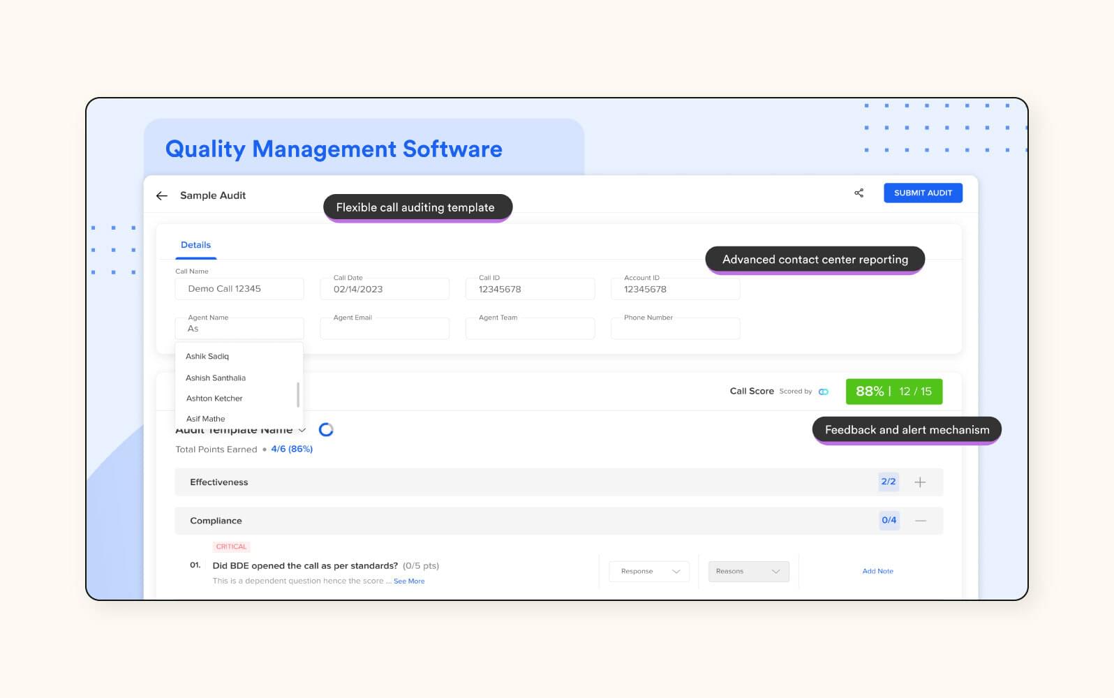 A screenshot of Convin, a customer service quality assurance software.