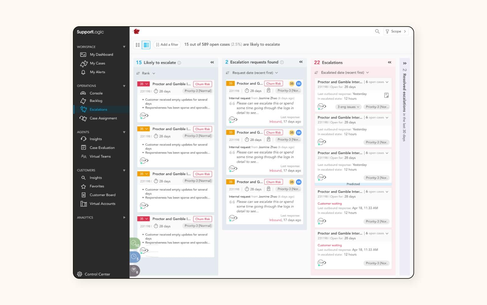 A screenshot of SupportLogic, a customer service quality assurance software