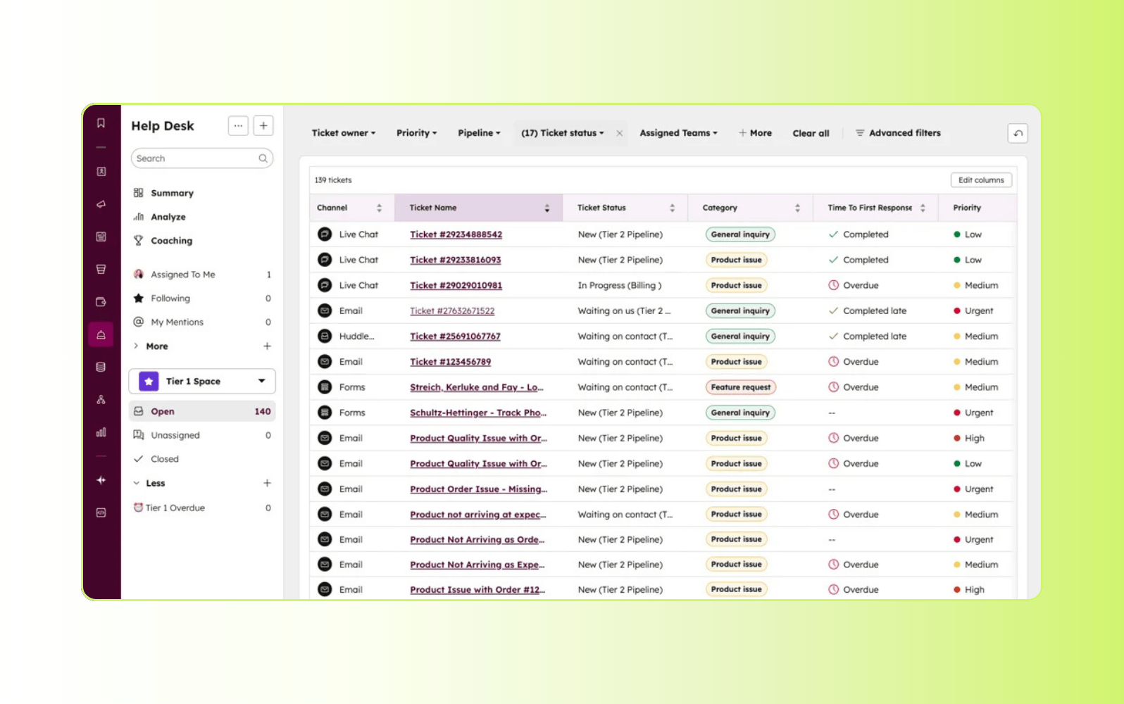 Screenshot of Hubspot small business help desk software.