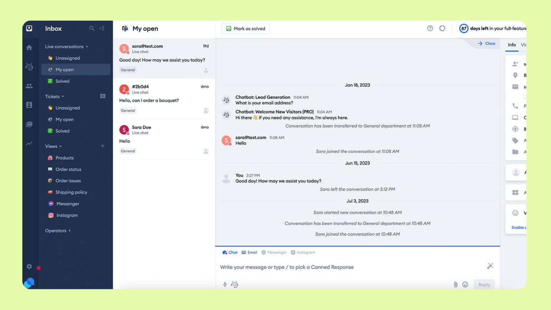 Tidio customer service chat interface with a list of conversations on the left and a detailed chat history on the right.