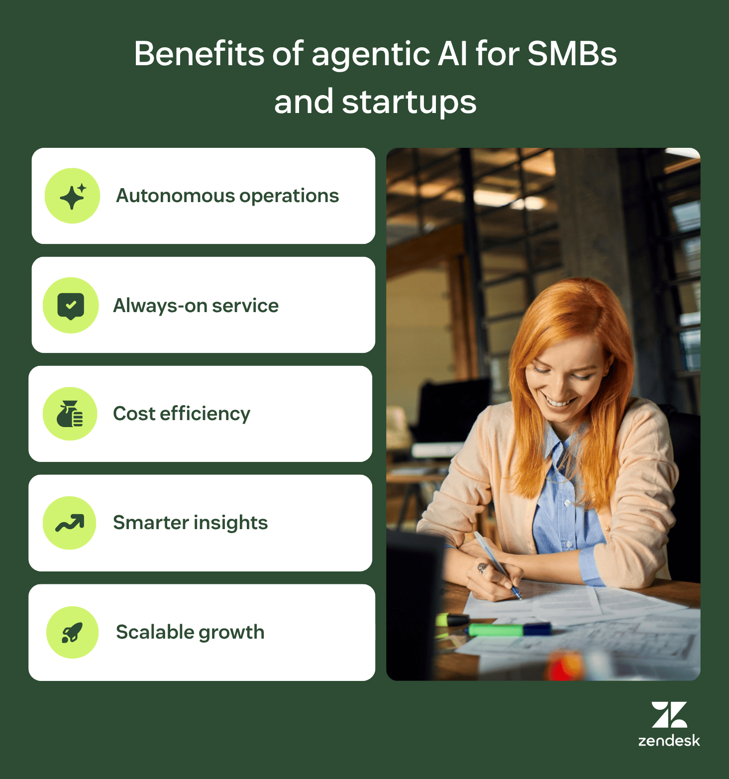 Agentic AI for small business benefits infographic with automation, always-on support, and scalable growth.