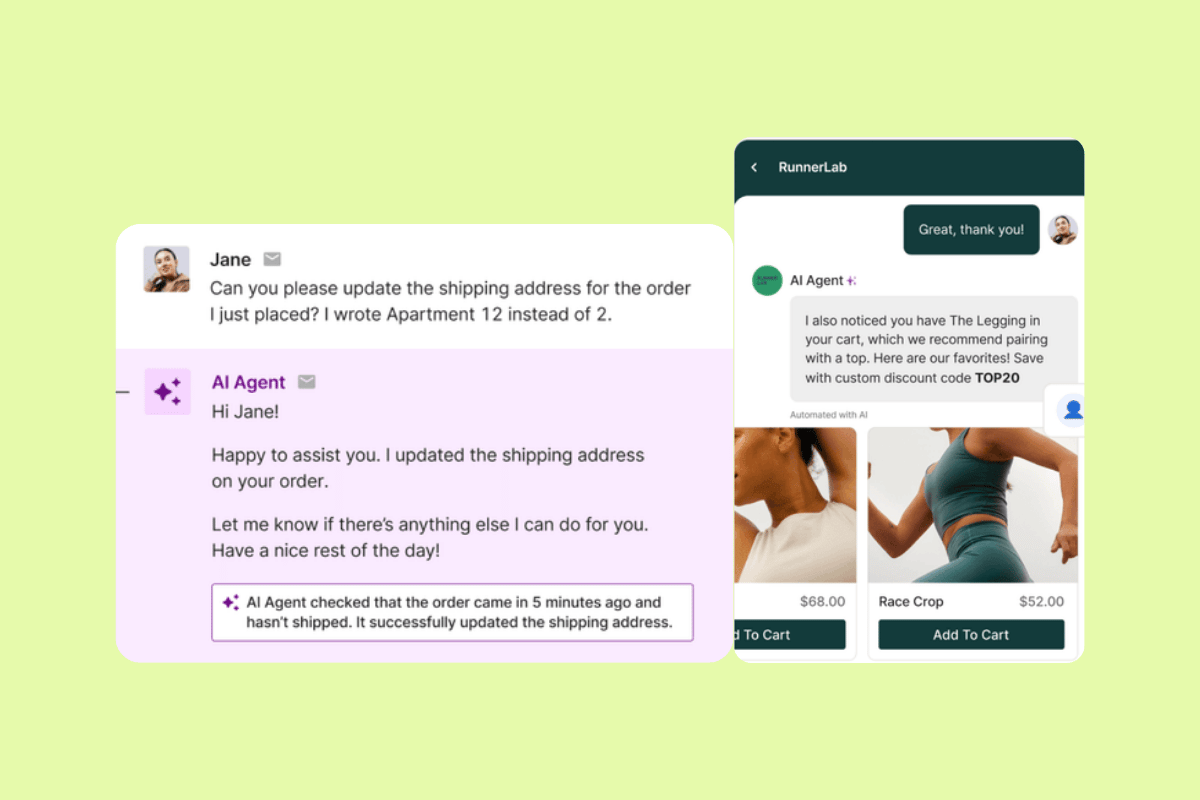 Ada CX AI customer service agent updating an e-commerce shipping address and recommending products in a shopping chat interface.