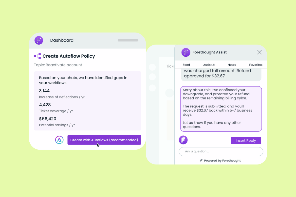 Forefought AI agents by Zendesk interface showing autoflow policy creation, refund assistance, and suggested agent replies.