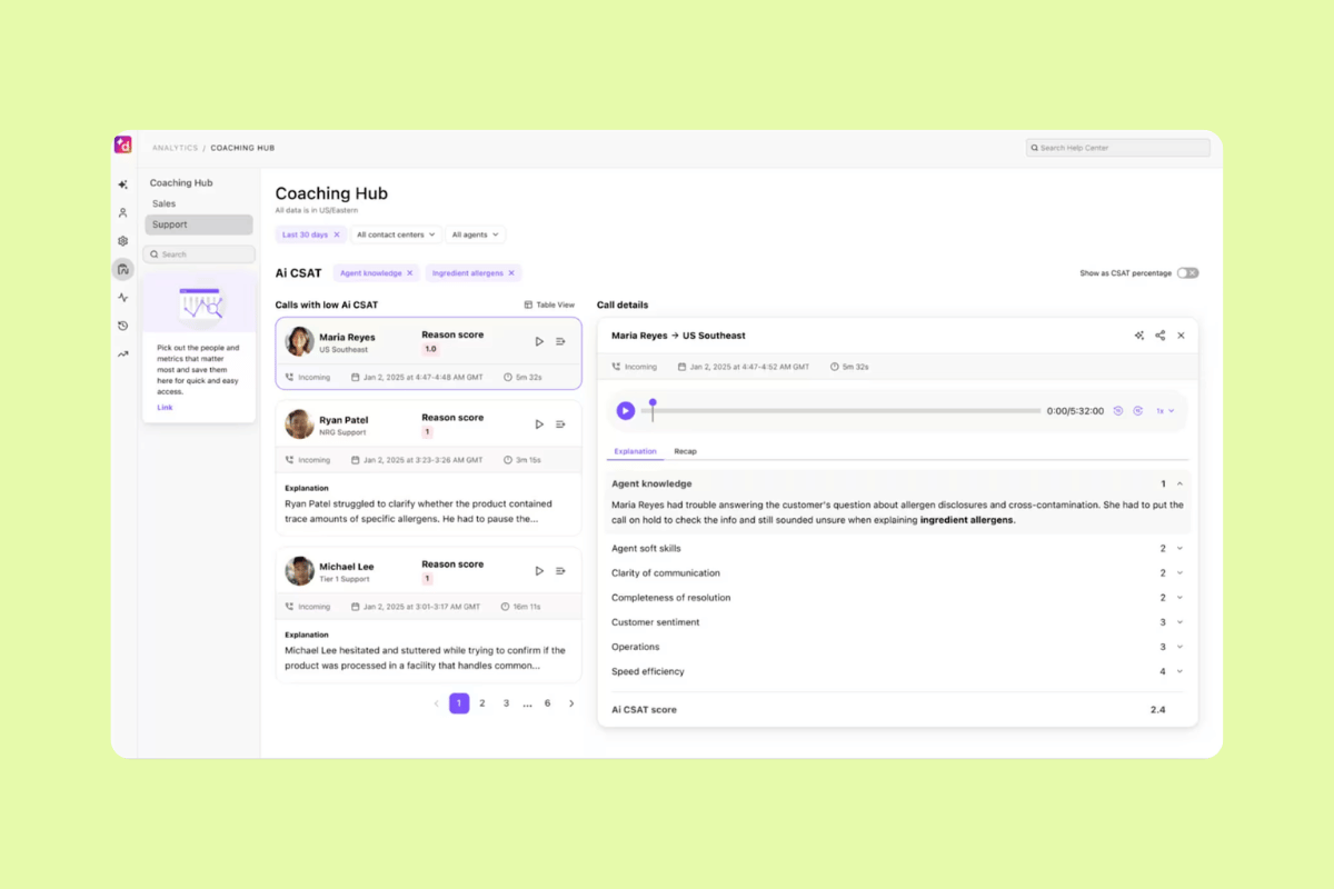 Dialpad Coaching Hub interface showing AI CSAT scores and call details.