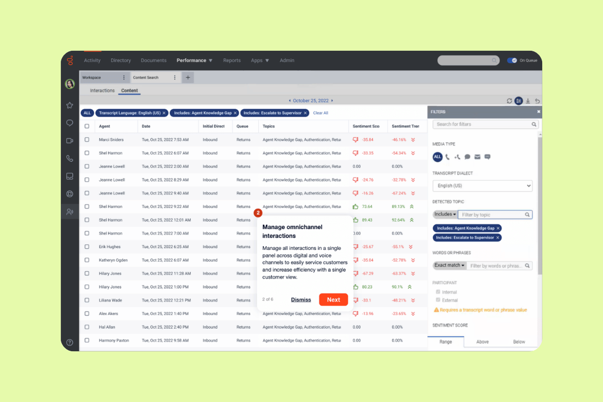 Genesys performance dashboard with interaction filters and sentiment scores.