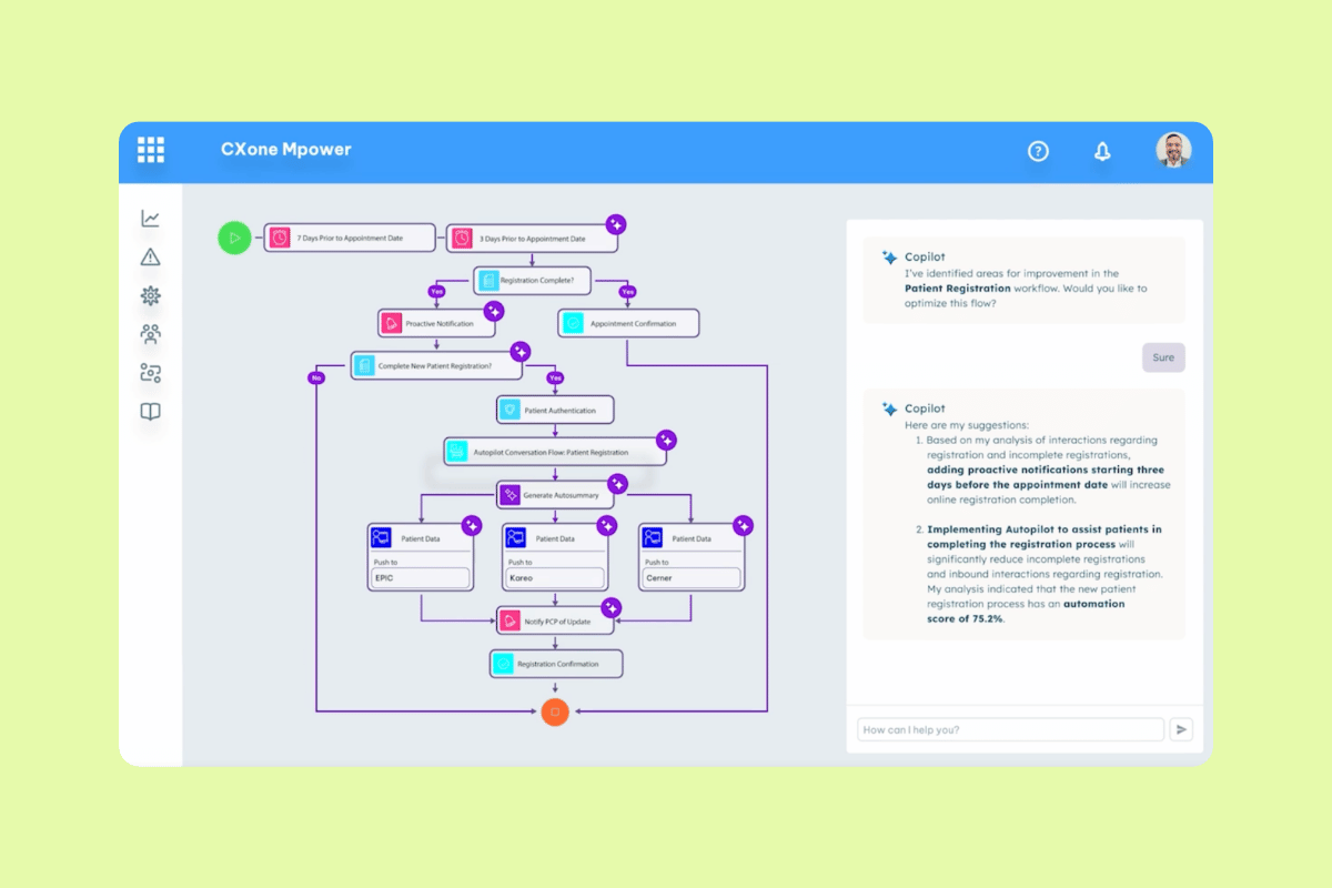 NICE CXone Mpower workflow builder with Copilot optimisation suggestions.