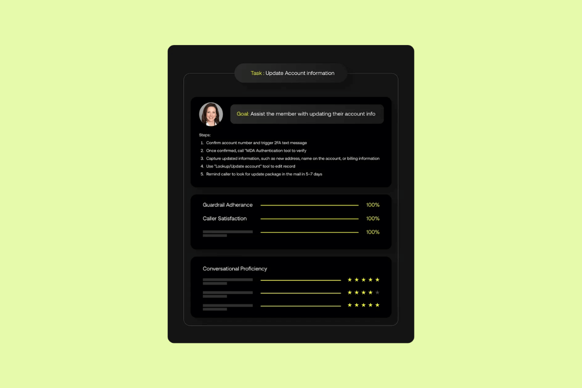 Observe.AI agent evaluation dashboard showing task goals and performance scores.