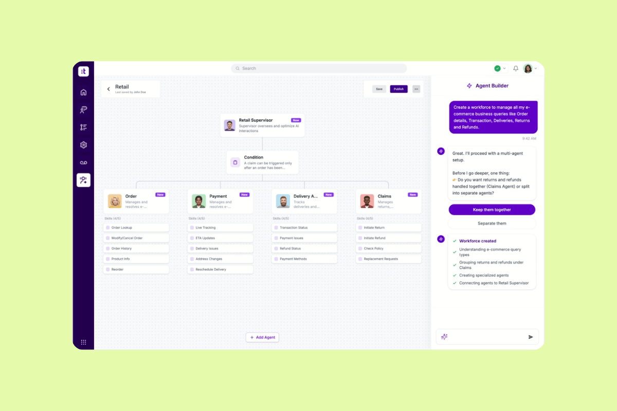 Talkdesk Agent Builder interface for creating a retail support agent team.