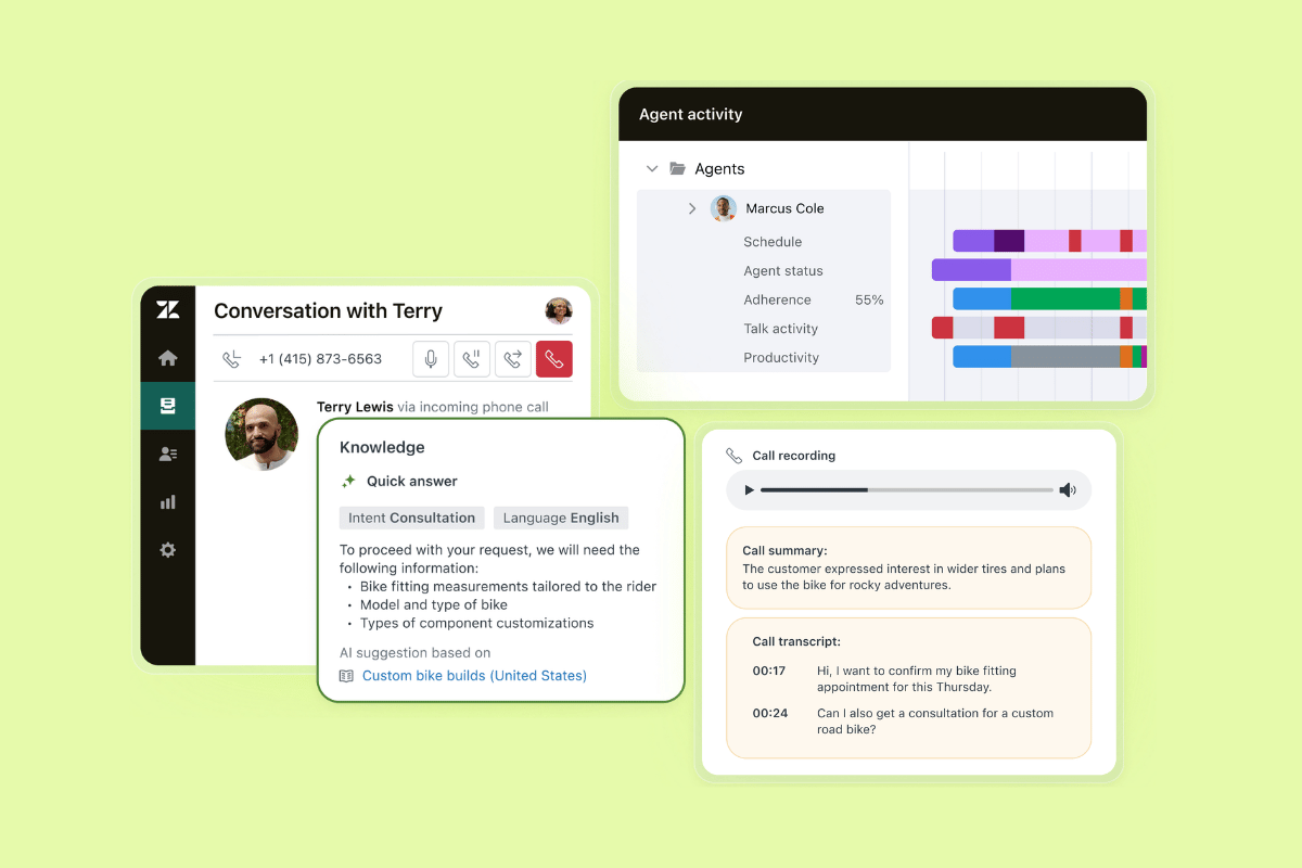 Zendesk workspace showing call, knowledge, recording, transcript, and agent activity panels.