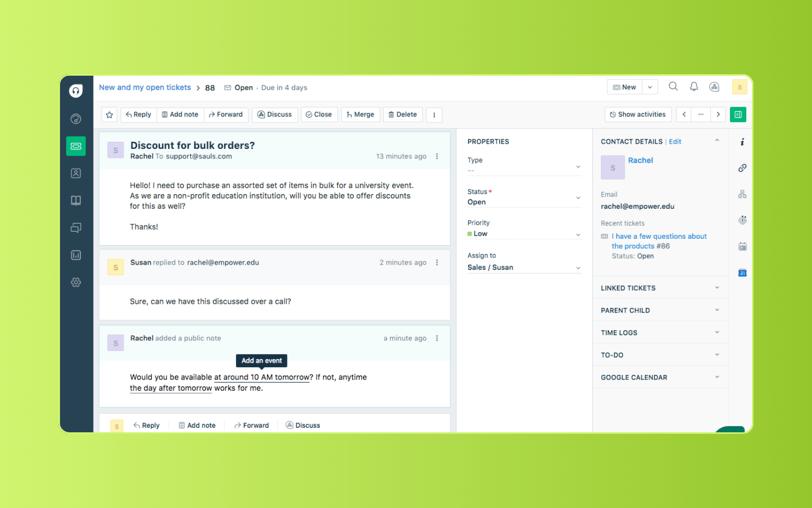 Freshdesk internal ticketing system interface showing employee support requests and agent workspace.