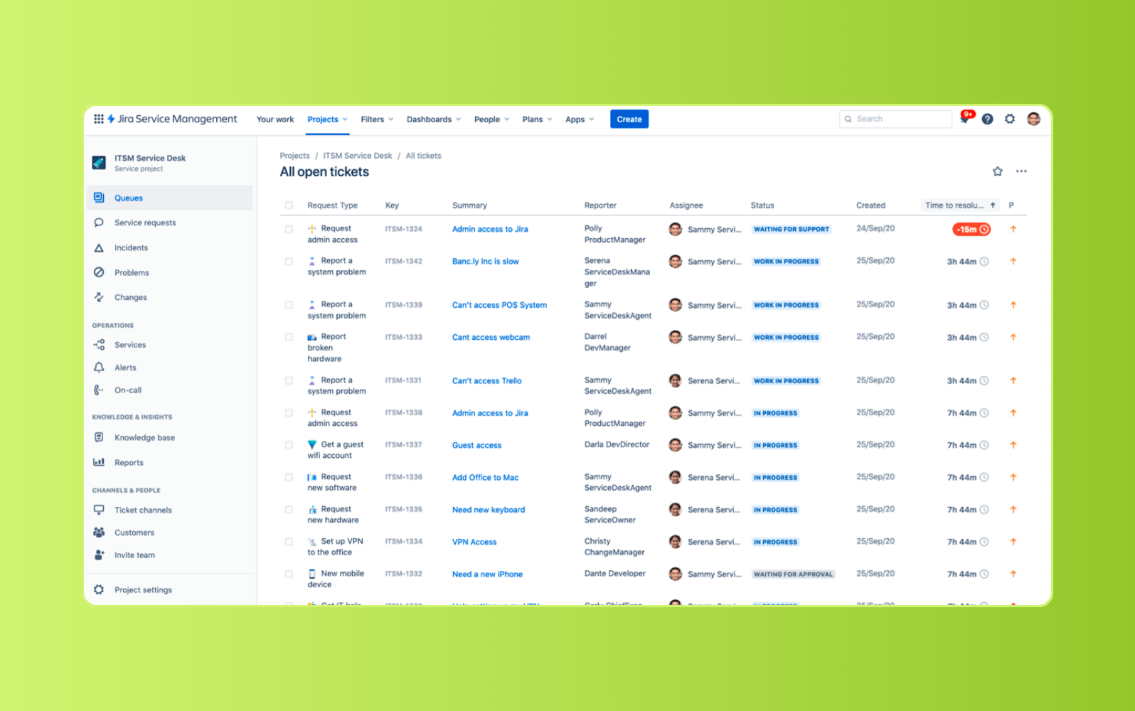 Jira internal ticketing system interface showing employee support requests and agent workspace.