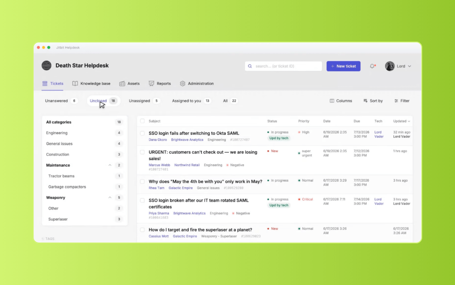 Jitbit internal ticketing system interface showing employee support requests and agent workspace.