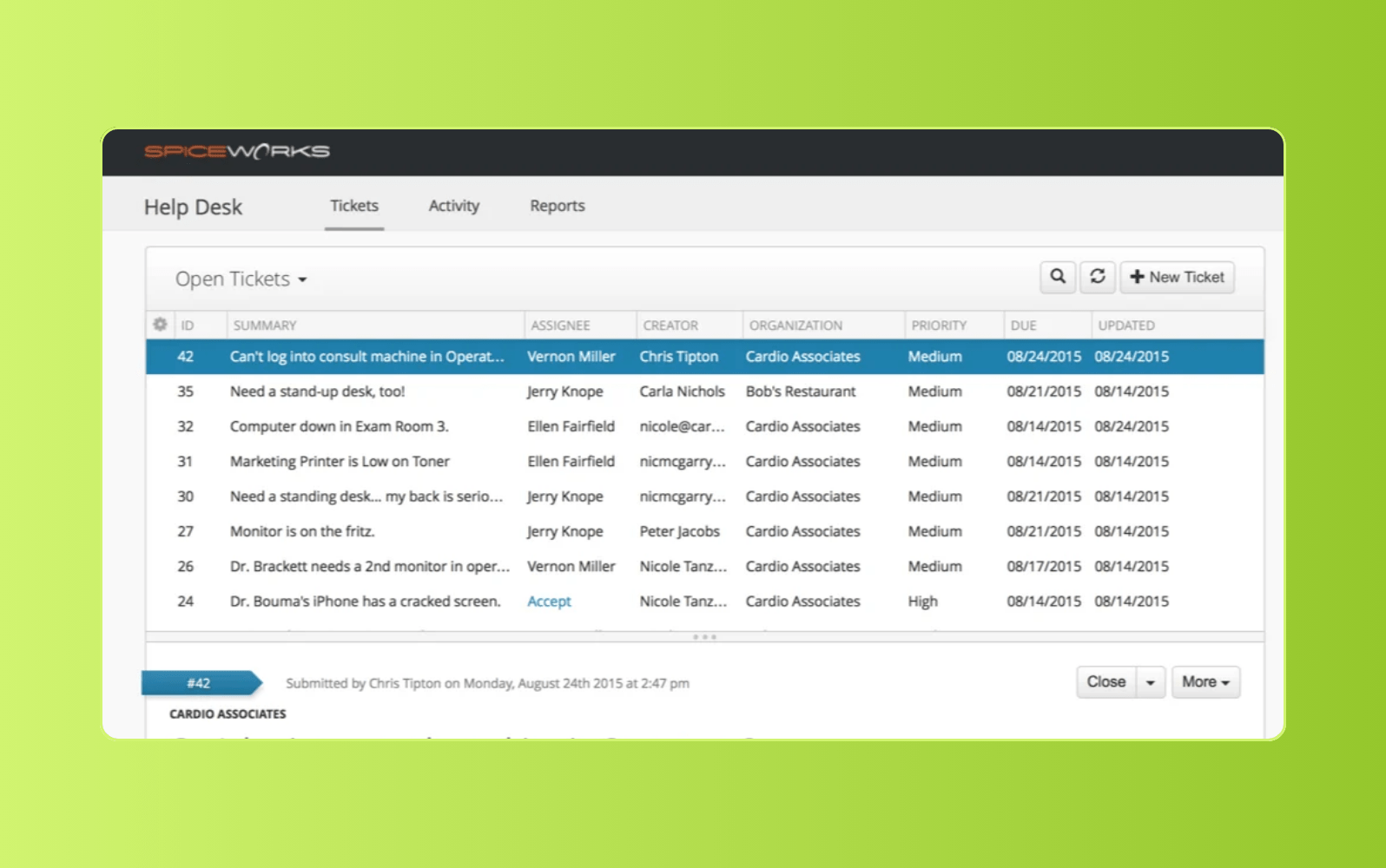 Spiceworks internal ticketing system interface showing employee support requests and agent workspace.