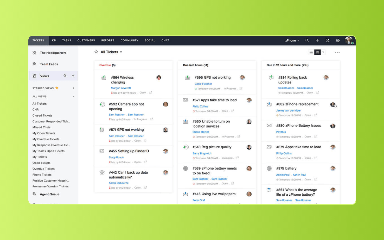 Zoho Desk internal ticketing system interface showing employee support requests and agent workspace.