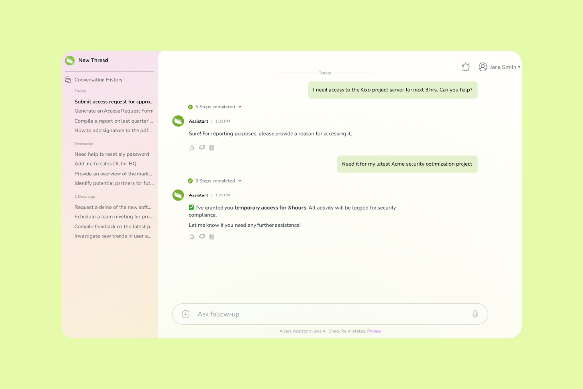 Aisera chat assistant grants temporary three-hour server access after the user provides a project reason.