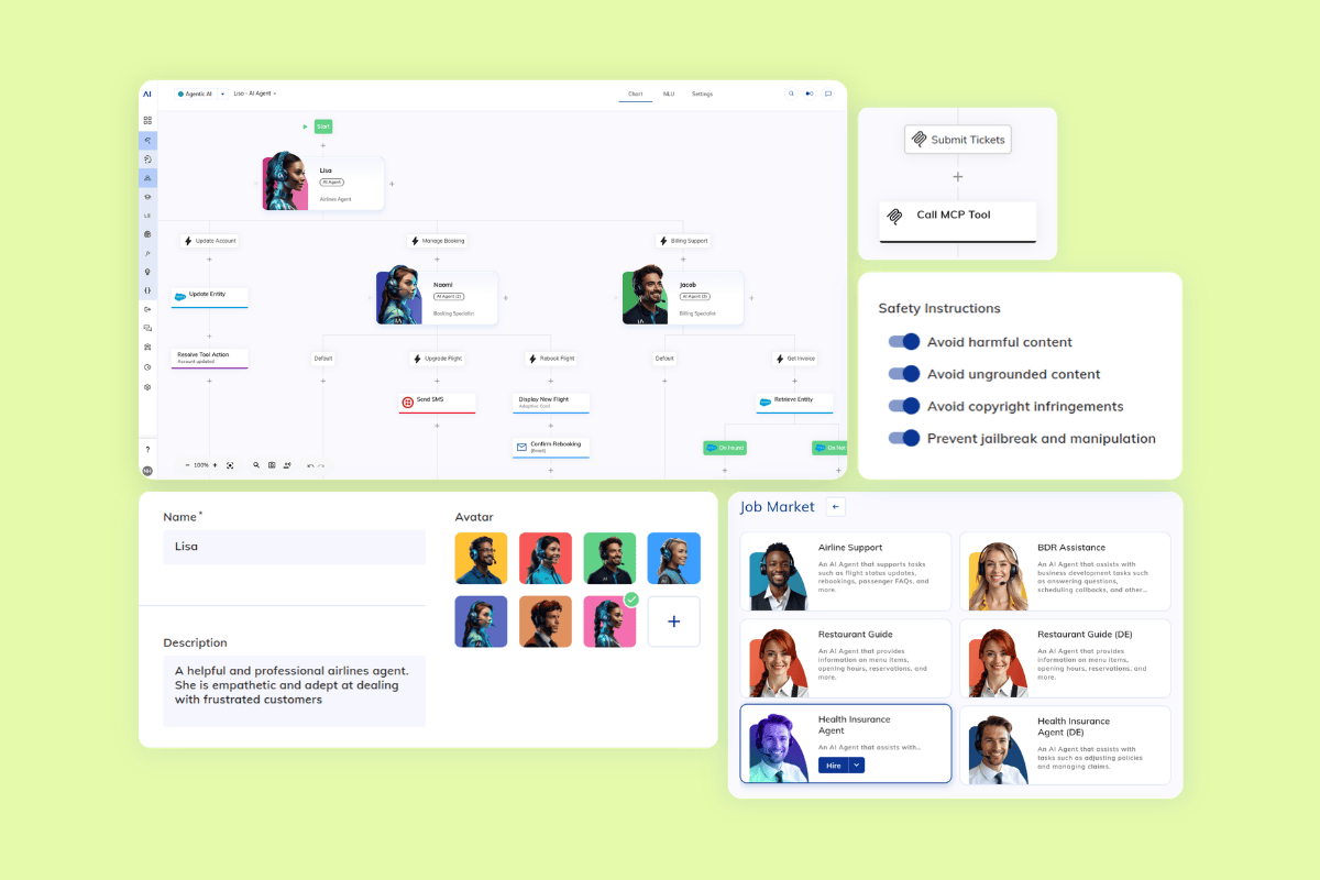 Cognify AI workflow dashboard for creating and managing AI agents, with airline support examples, avatars, safety instructions, and a job market panel.