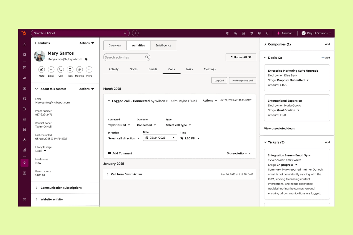 CRM contact record in HubSpot showing logged calls, deal information, tickets, and communication history.