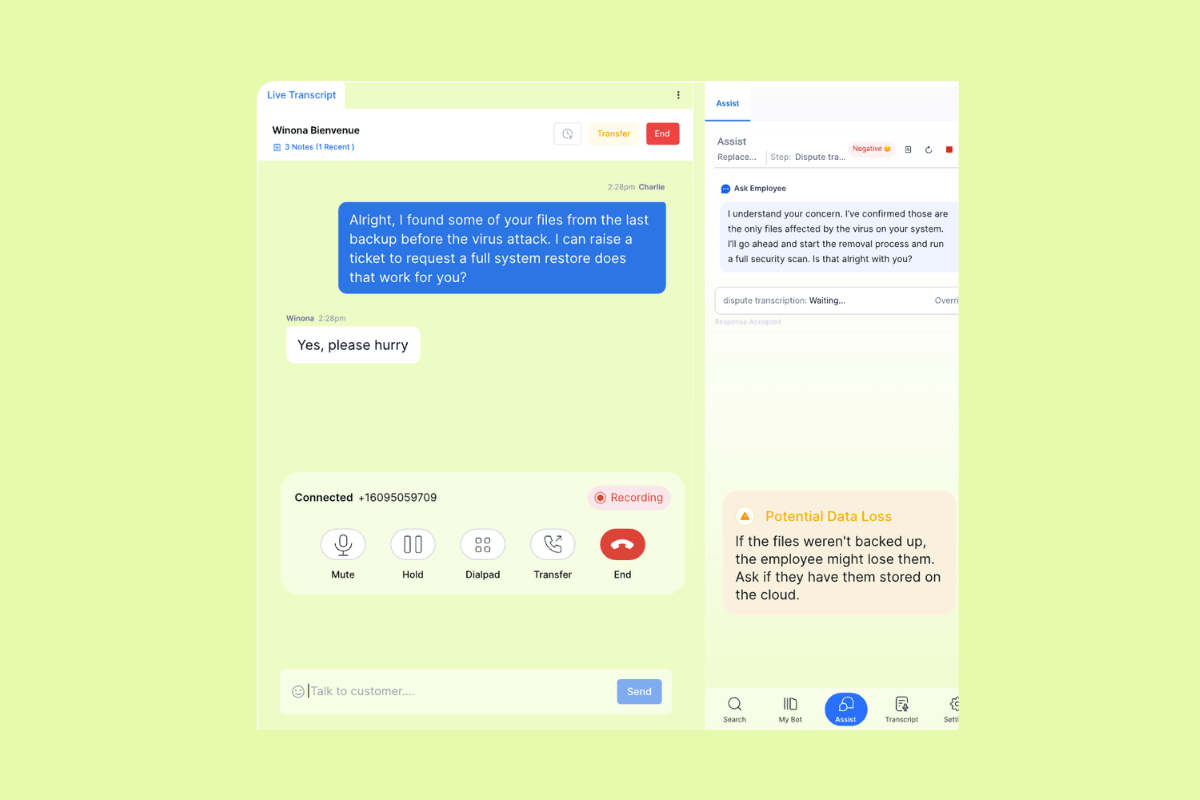 Kore support call interface with live transcript, AI assistant guidance, and a warning about potential data loss during a virus recovery case.