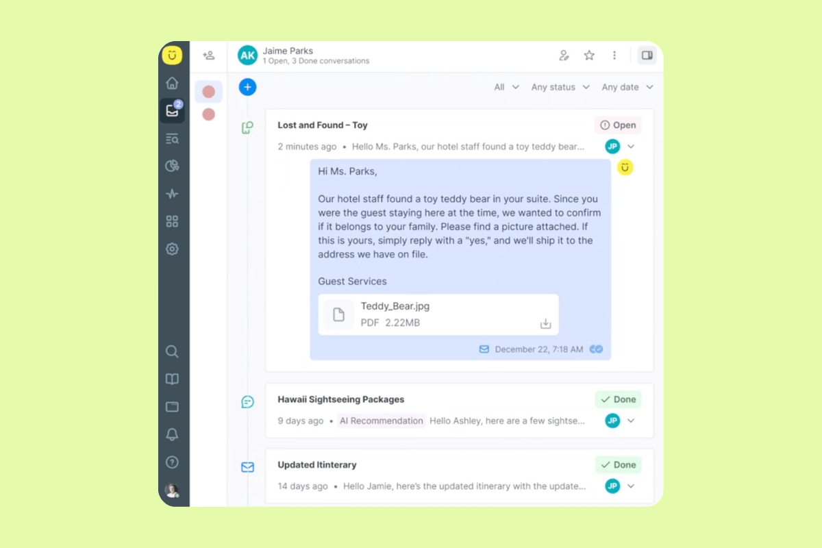Kustomer AI messaging platform showing a lost-and-found conversation about a teddy bear with an attached image file.