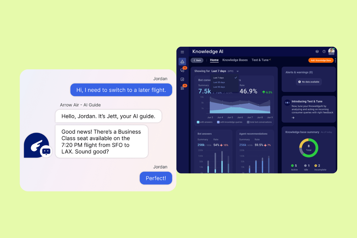 LivePerson AI interface showing a view of an airline chatbot helping rebook a flight and a knowledge analytics dashboard with performance charts.