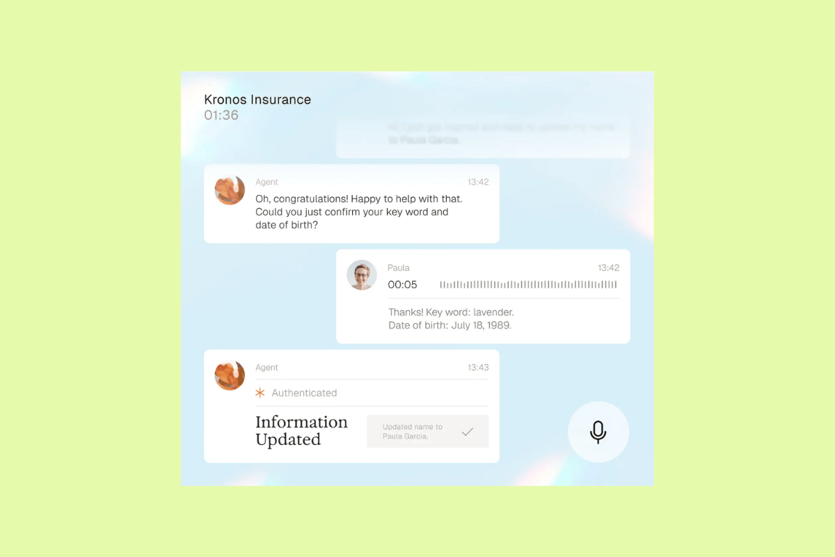 Parloa support screen showing voice authentication, customer verification details, and confirmation that information was updated.