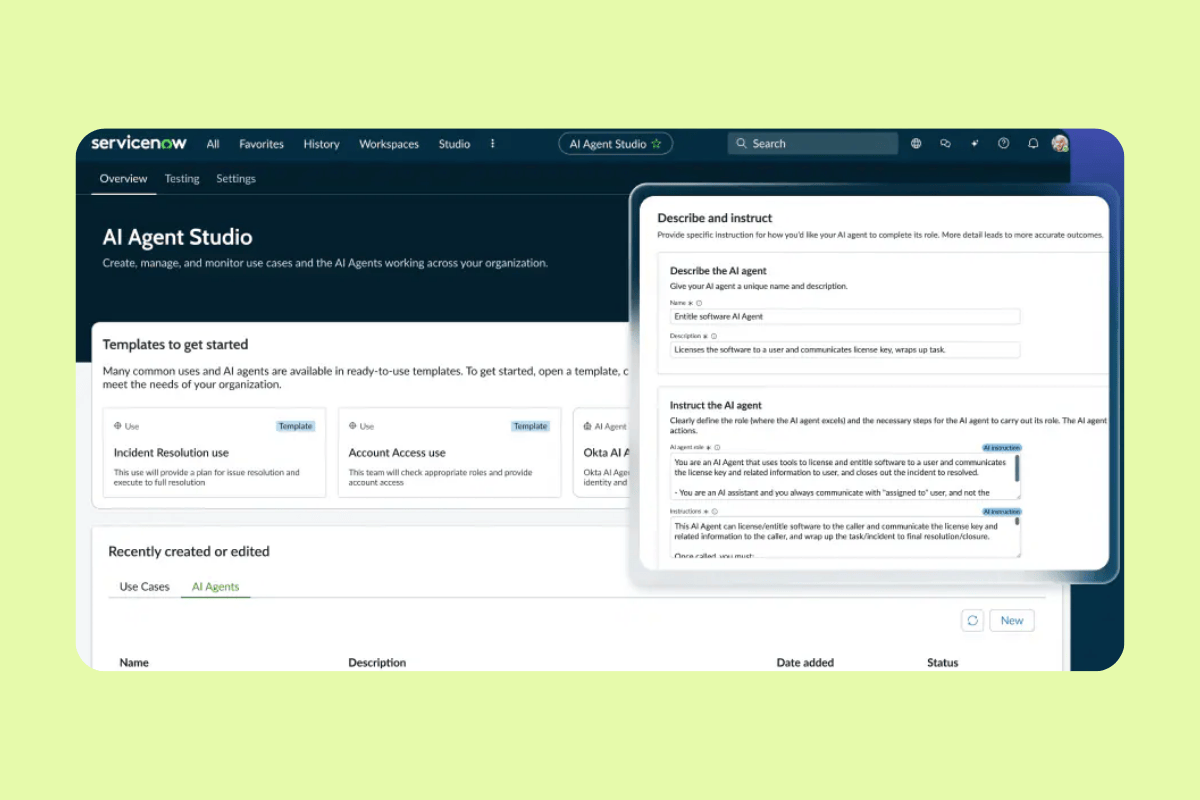 ServiceNow AI Agent Studio dashboard with agent templates and a form for describing and instructing a new AI agent.
